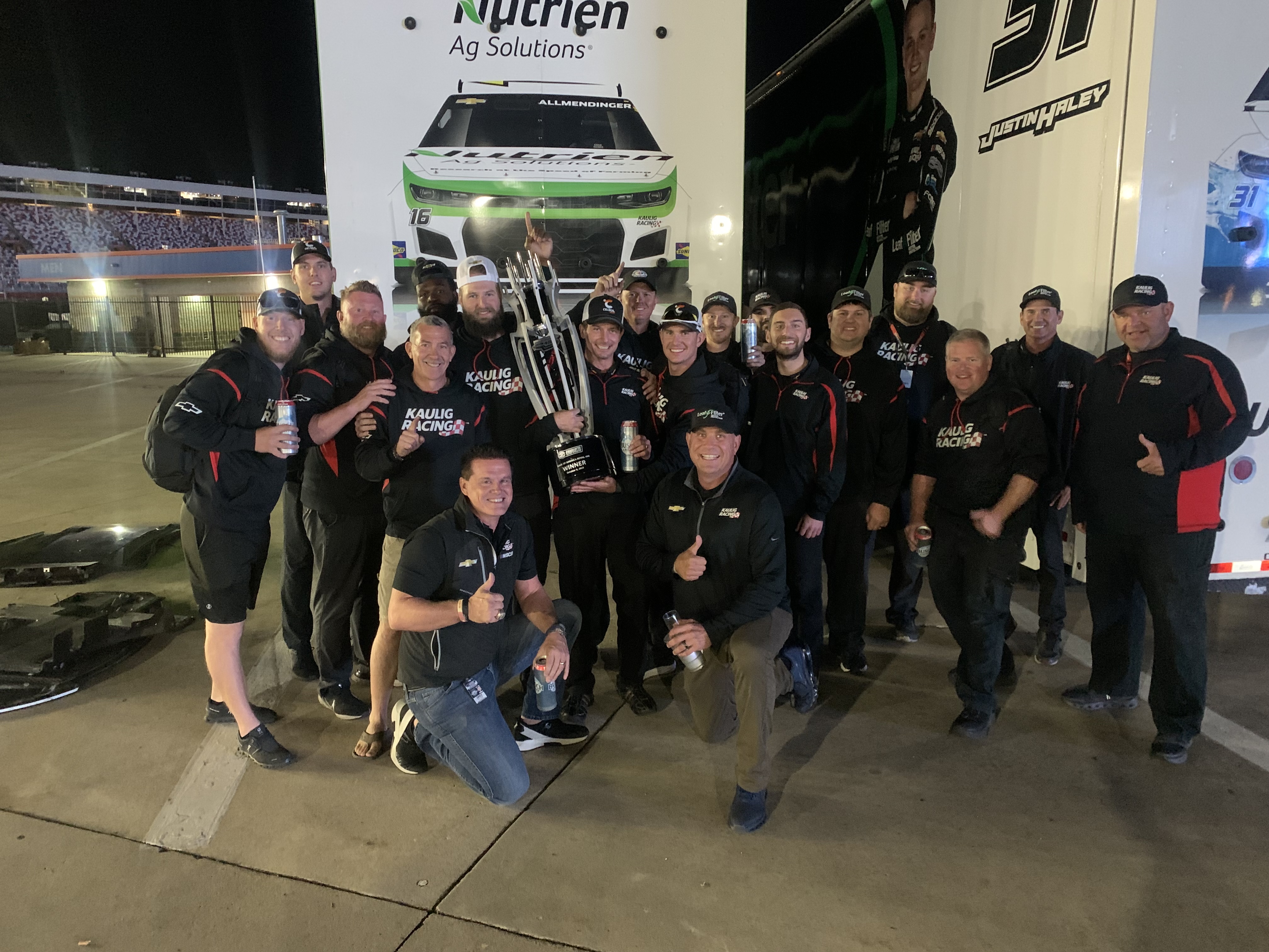 Kaulig Racing team celebrating the 2023 NASCAR Cup Series win at the Charlotte Roval