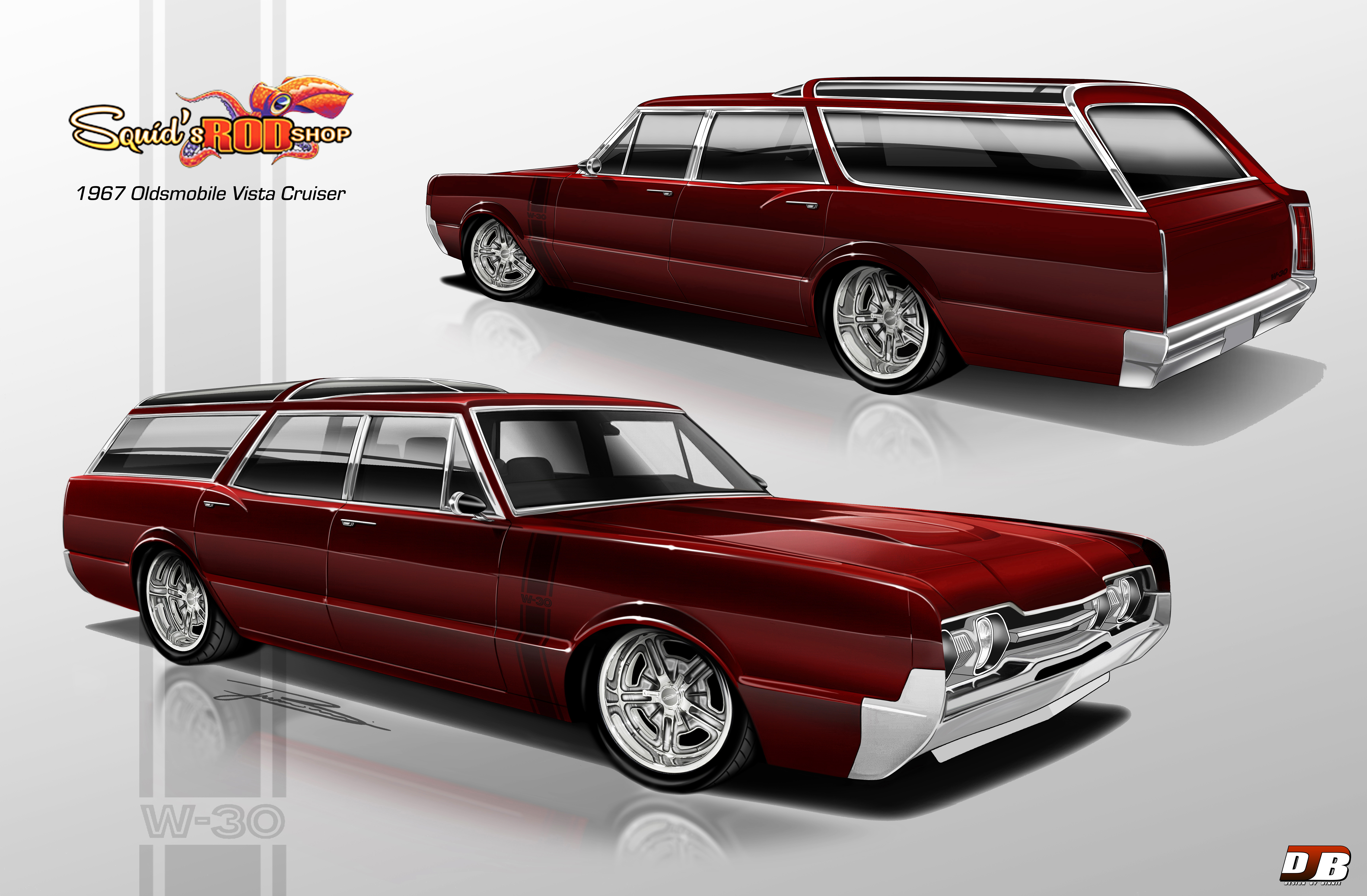 Rendering of the 1967 Oldsmobile Vista Cruiser W-30 concept being built by Squid's Rod Shop