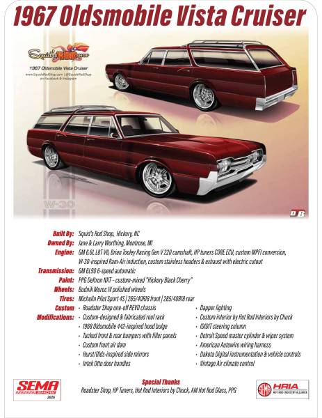 Official 2026 SEMA HRIA unveiling sign board and renderings for the 1967 Oldsmobile Vista Cruiser